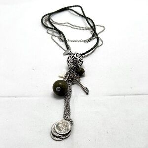 StreetOne, Long Olive Green And Silver Charm Necklace, Coins, Butterfly, Key